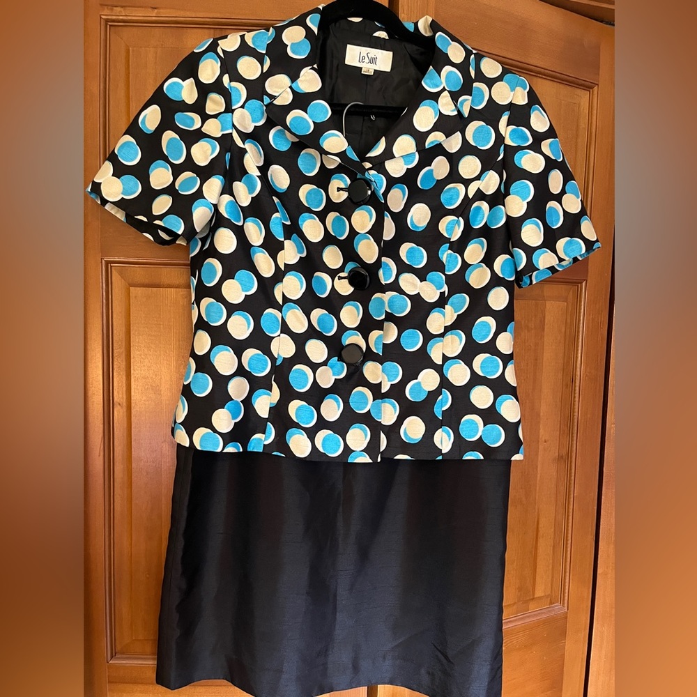 Le Suit Polka Dot Printed Skirt Suit Size 12